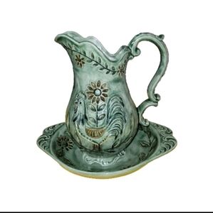 Vintage Hand Made Green Rooster Pitcher With Green Sunflower Basin 1975